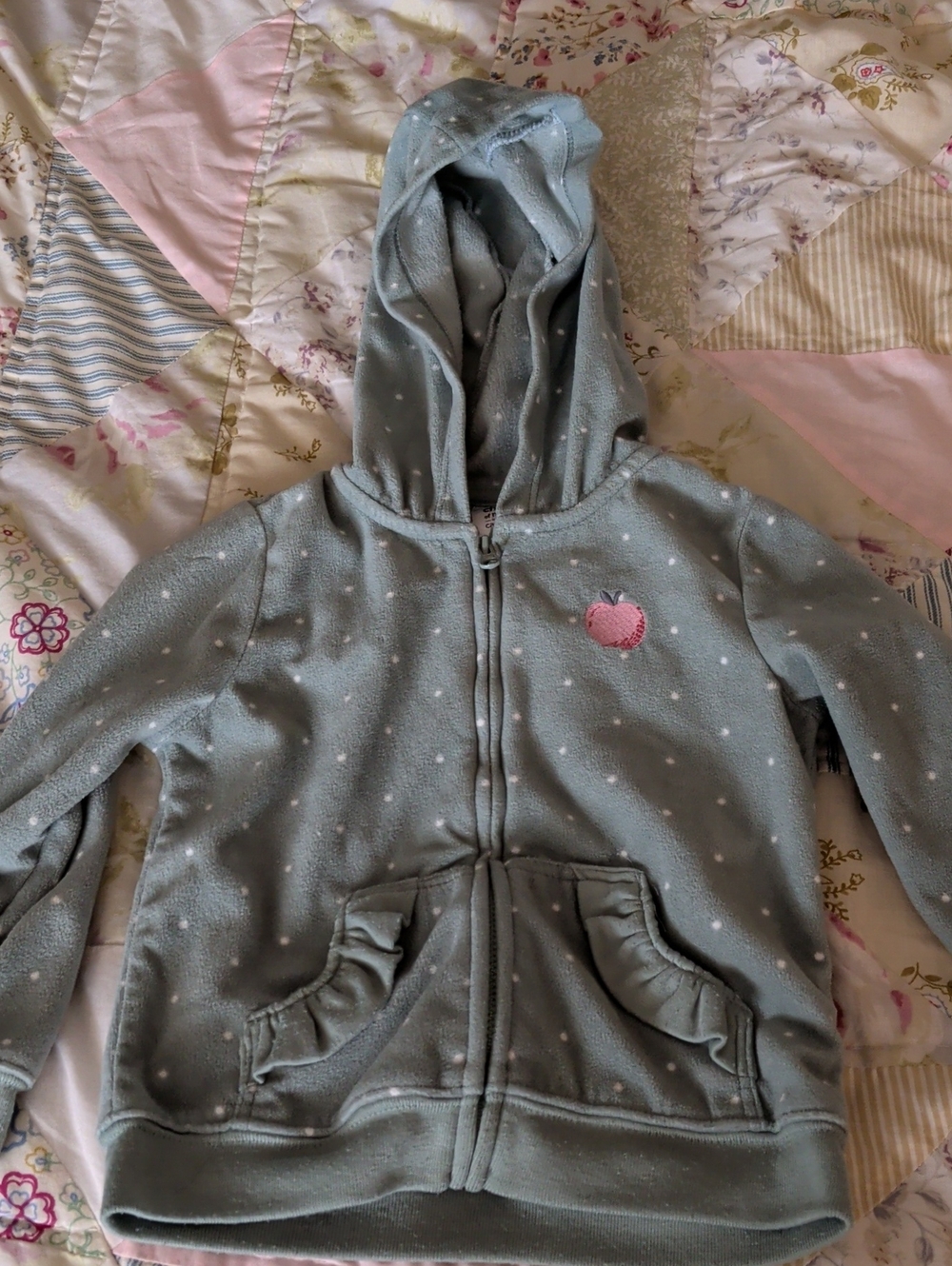child of mine Sage Green Hooded Zip Sweatshirt with Pink Apple